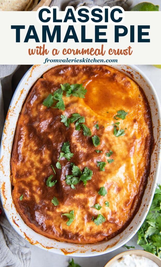 A top down shot of tamale pie with text.