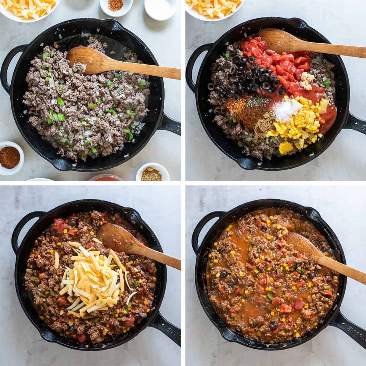 Ground beef and other ingredients cooking in a skillet.
