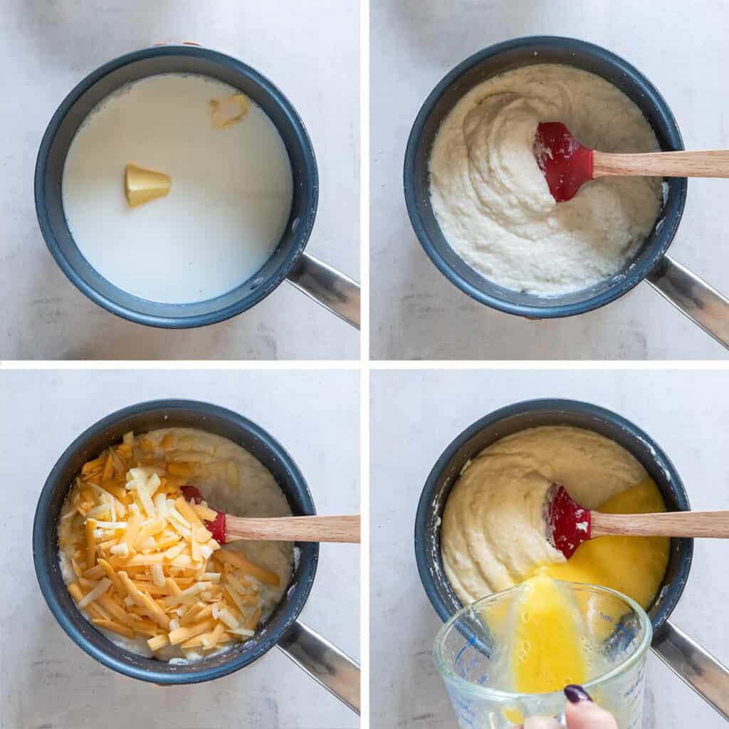 Milk, cornmeal, cheese and eggs being combined in a saucepan.