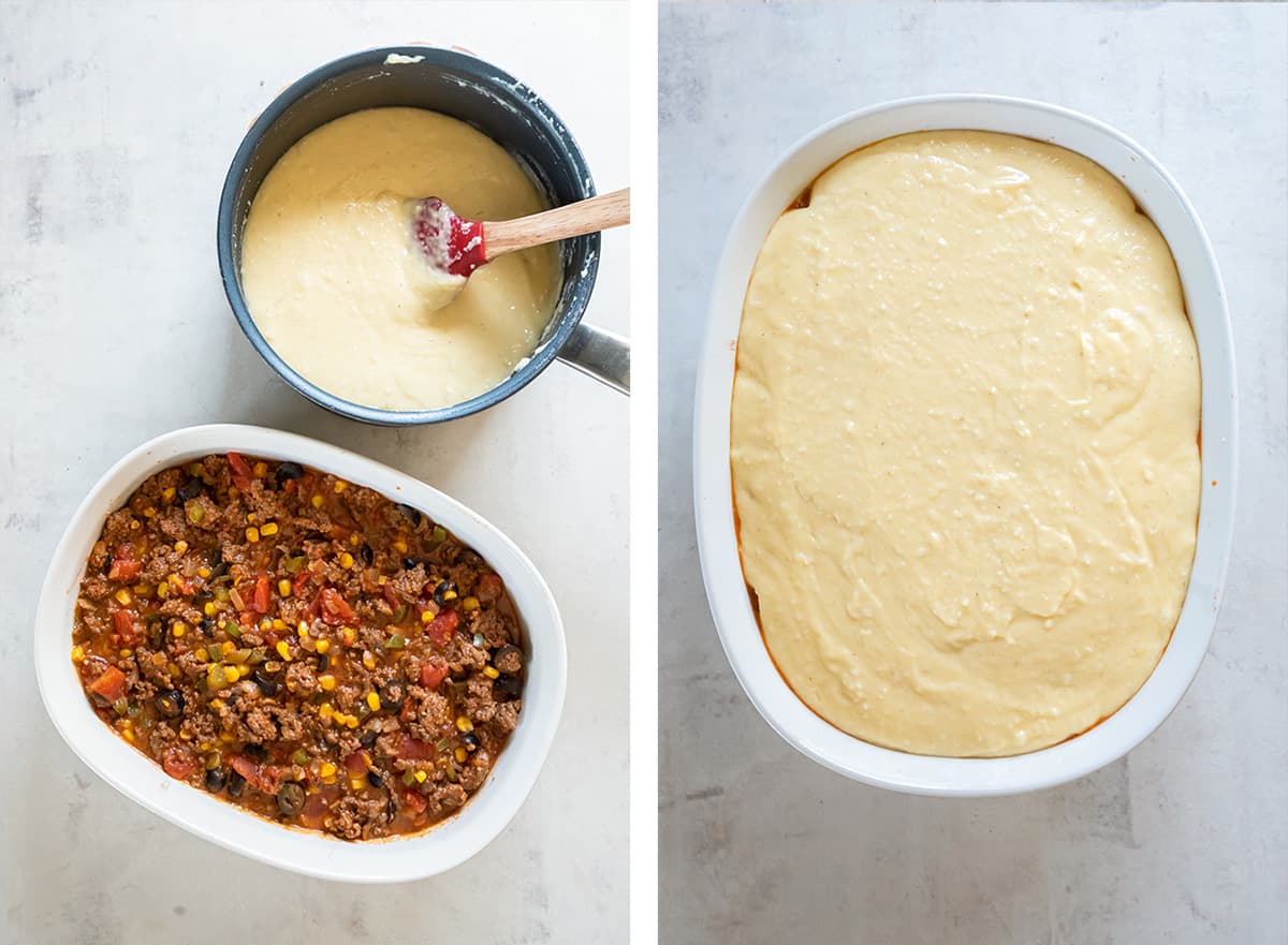 Cornmeal crust on top of tamale pie filling in a casserole dish.