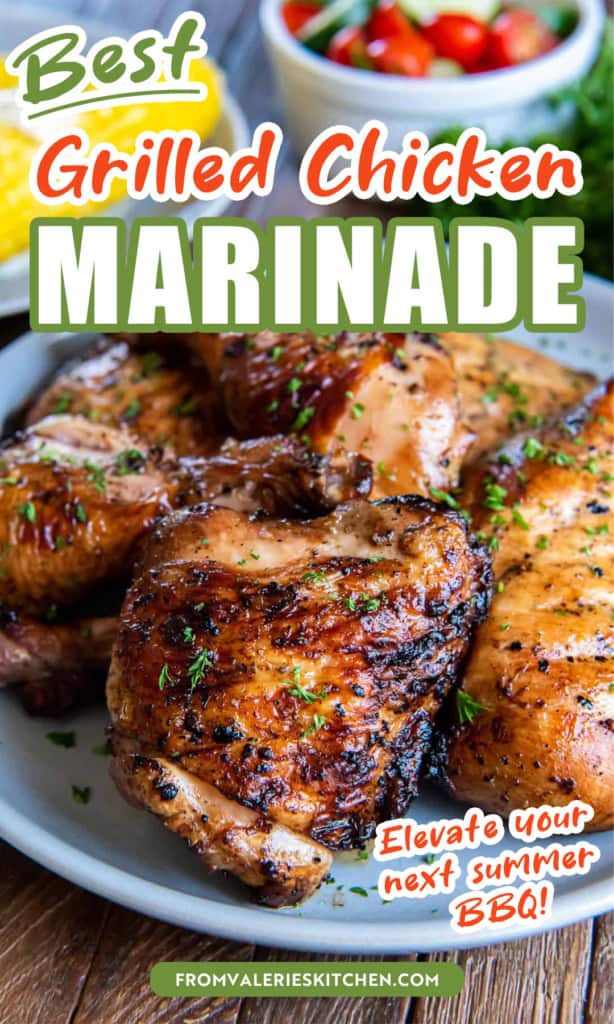 Grilled chickekn on a white plate with text overlay.
