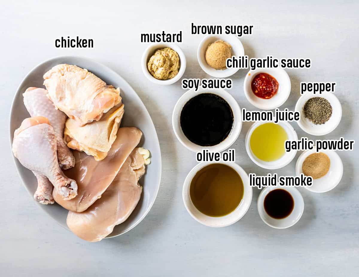 The ingredients for grilled chicken marinade with text.