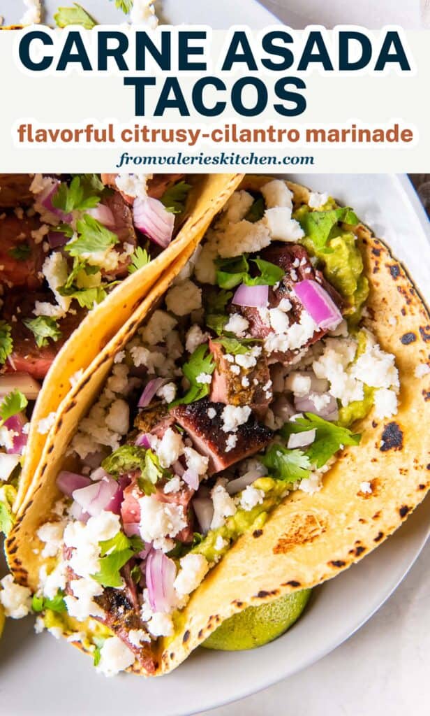 A top down shot of a carne asada taco on a corn tortilla with text.