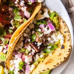 A top down shot of a carne asada taco on a white plate.