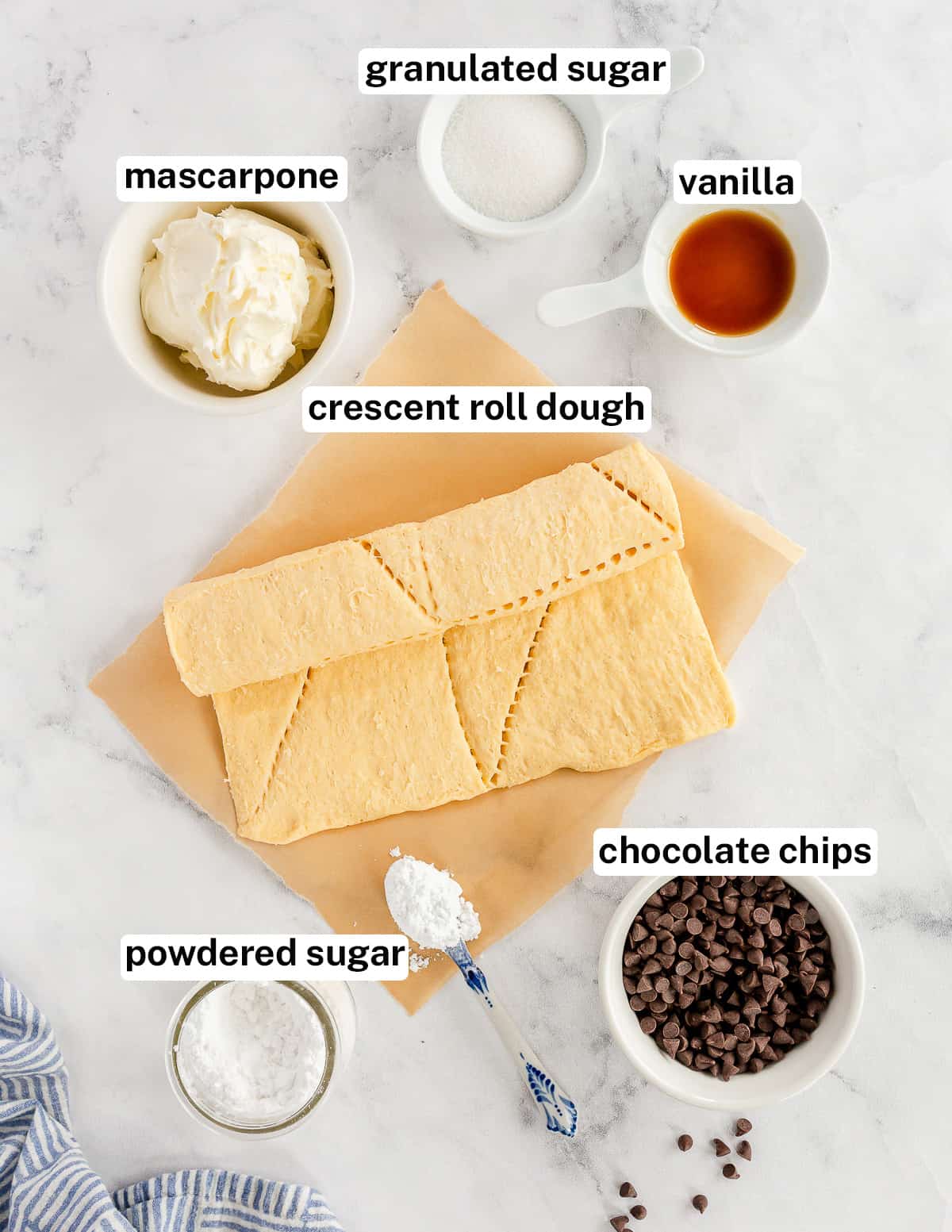 Crescent roll dough and other ingredients for Chocolate Crescent Rolls with text.