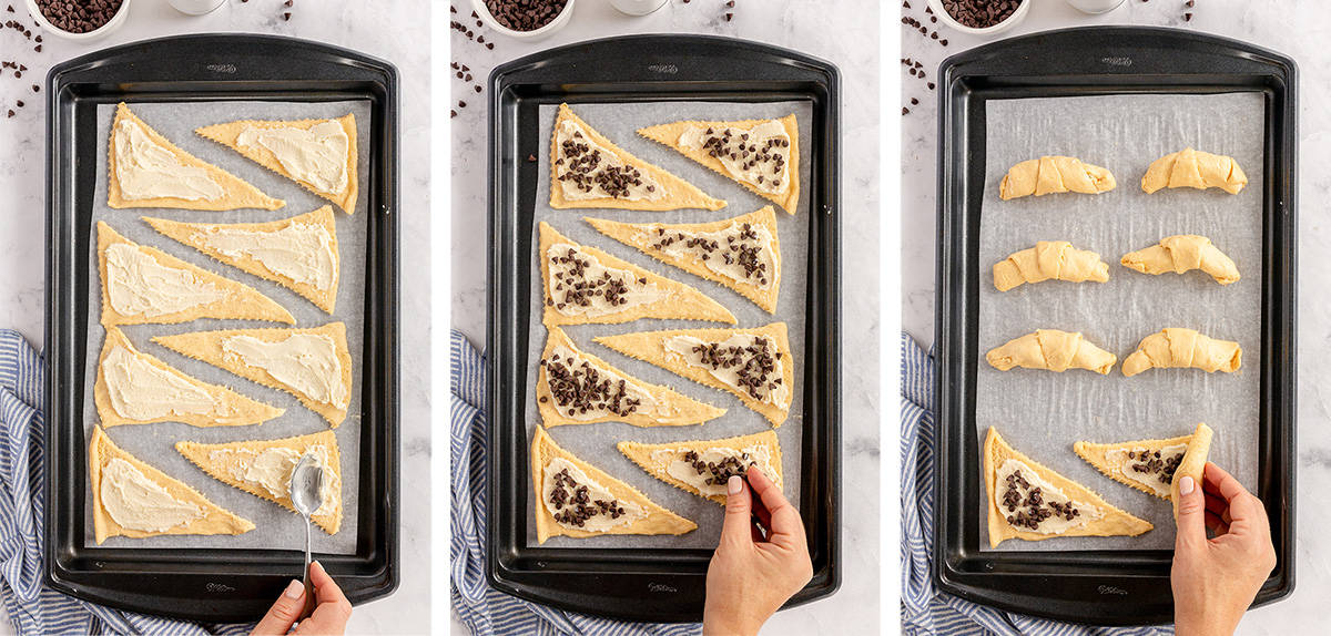 Three images of crescent rolls being filled with mascarpone and chocolate chips on a baking sheet.