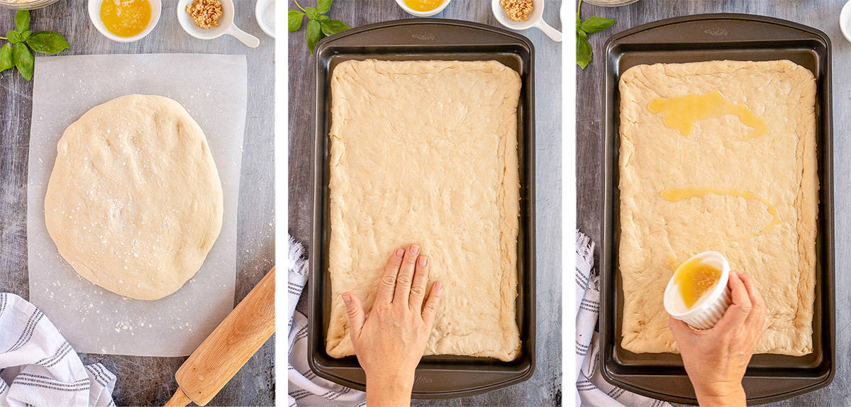 Pizza dough is patted on to a rimmed baking sheet and coated with oil.