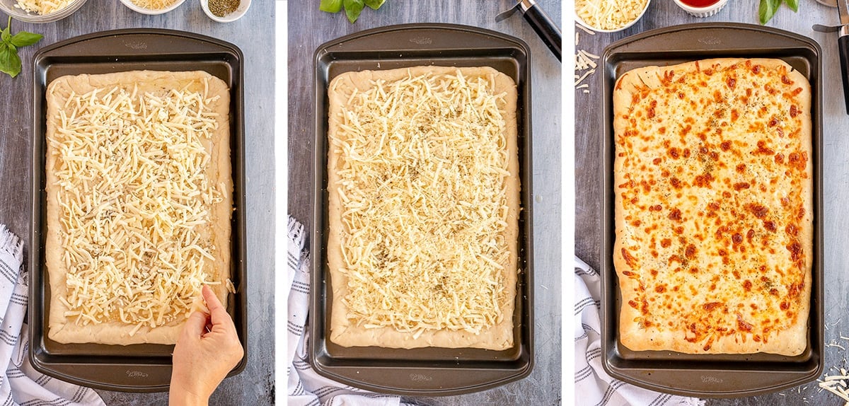 A hand sprinkles cheese on pizza dough and the cheesy breadsticks after baking.