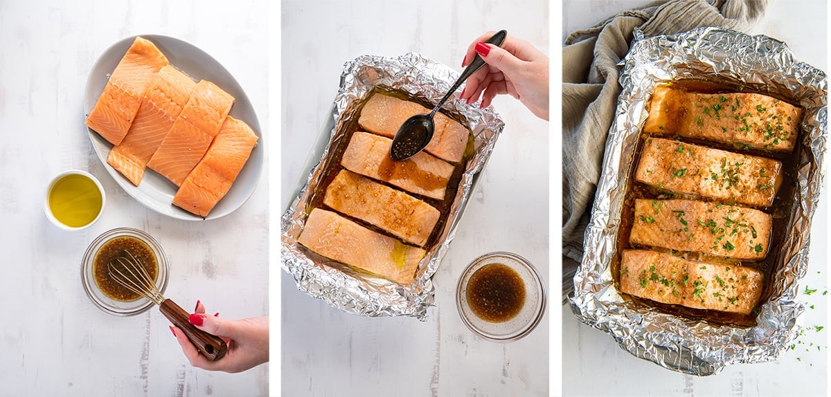 Maple glaze is spoon over frozen salmon and the roasted salmon in a baking dish.