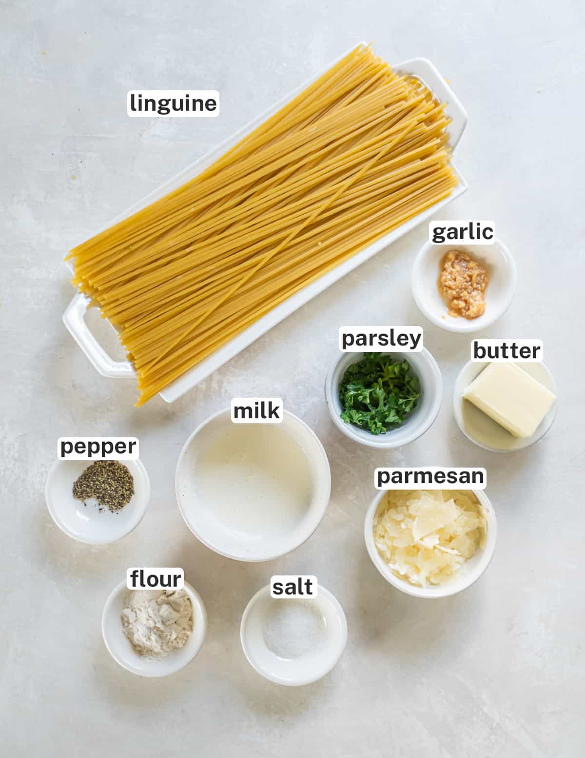 The ingredients for Parmesan Noodles with text.