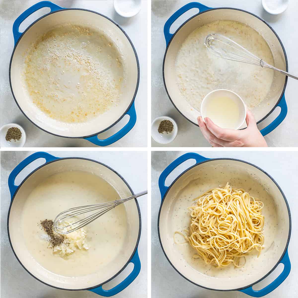 Parmesan sauce in a skillet with cooked linguine.