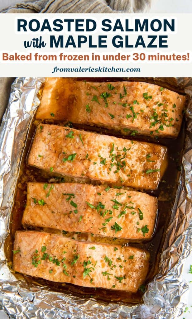 Salmon in a foil lined baking dish with text.