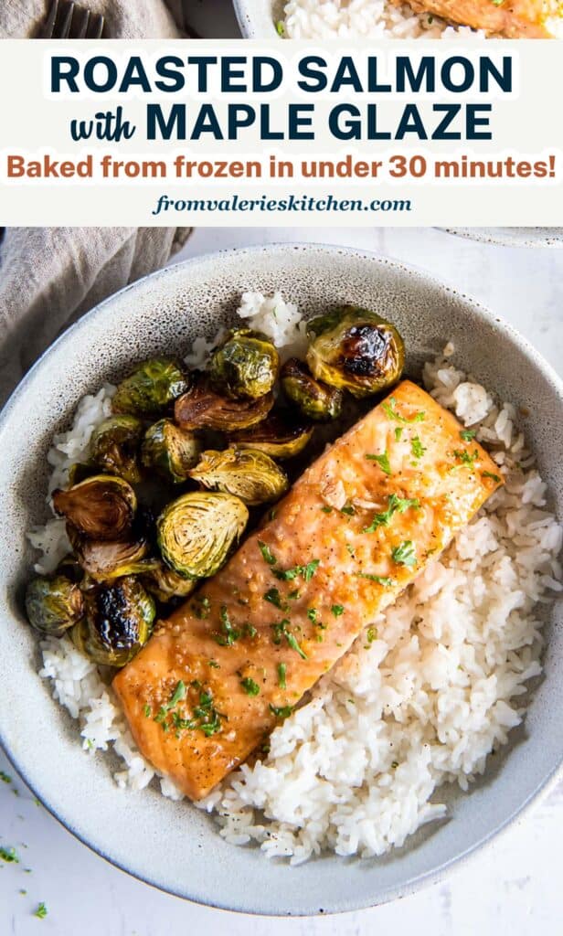 A salmon fillet in a bowl with rice and Brussels sprouts with text.