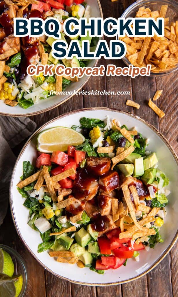 A top down view of two bowls of copycat CPK BBQ Chicken Salad with text.