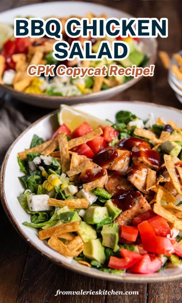 A side view of two bowls of copycat CPK BBQ Chicken Salad with text.