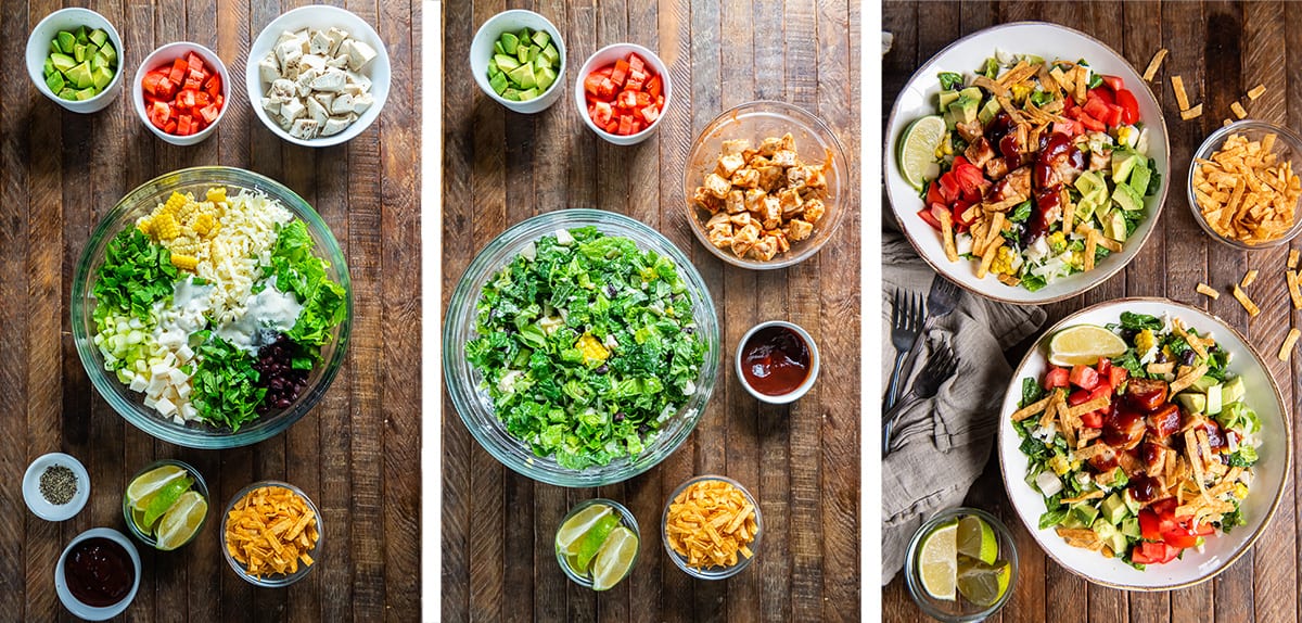 Three images showing salad ingredients in a large bowl and two assembled BBQ Chicken Salads in white serving bowls.