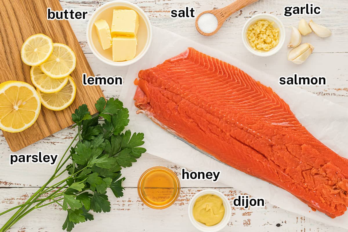 The ingredients for Baked Salmon in Foil with text.