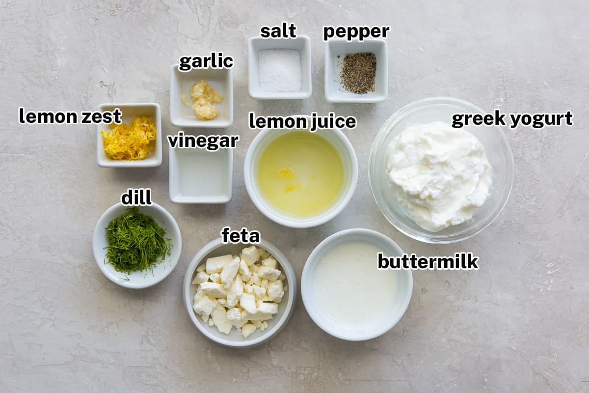 Ingredients for Feta Dill Dressing with text.