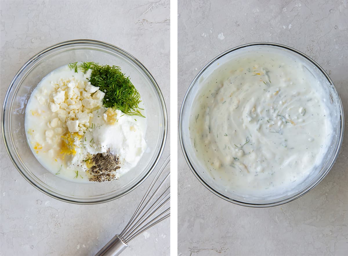 Greek yogurt, feta, dill and other ingredients are whisked in a bowl.