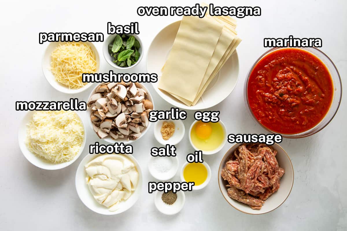 Oven ready lasagna, marinara and other ingredients to make lasagna with text.