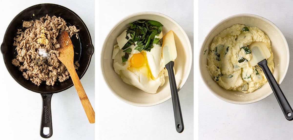 Ground sausage cooing in a cast iron skillet and ricotta, egg, and basil in a mixing bowl.