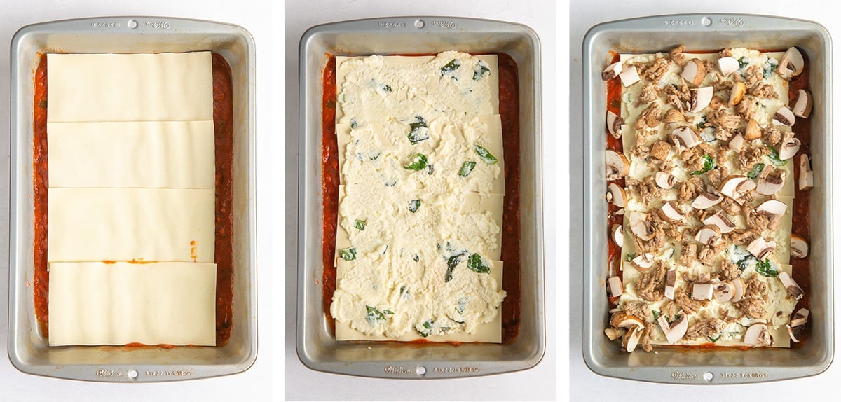 Three images that show lasagna ingredients being layered in a metal baking pan.