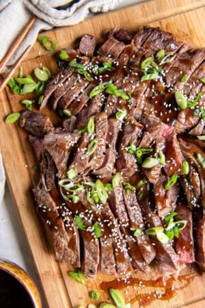 Sliced steak with teriyaki sauce topped with green onions on a wood cutting board.