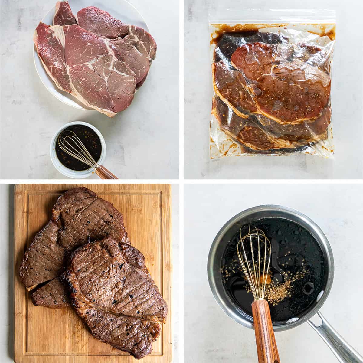 Four images showing steak in a bag with marinade, grilled steak on a board, and teriyaki sauce in a saucepan.
