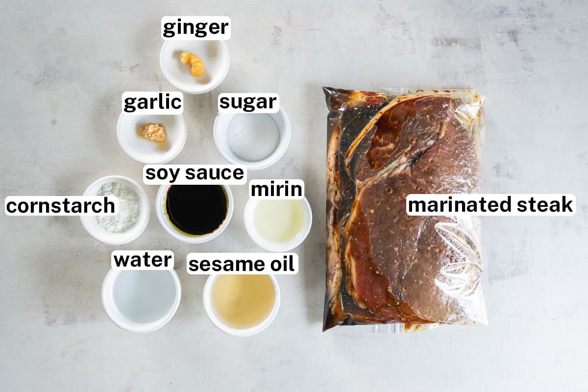 Steak in a bag with marinade and the ingredients for teriyaki sauce with text.