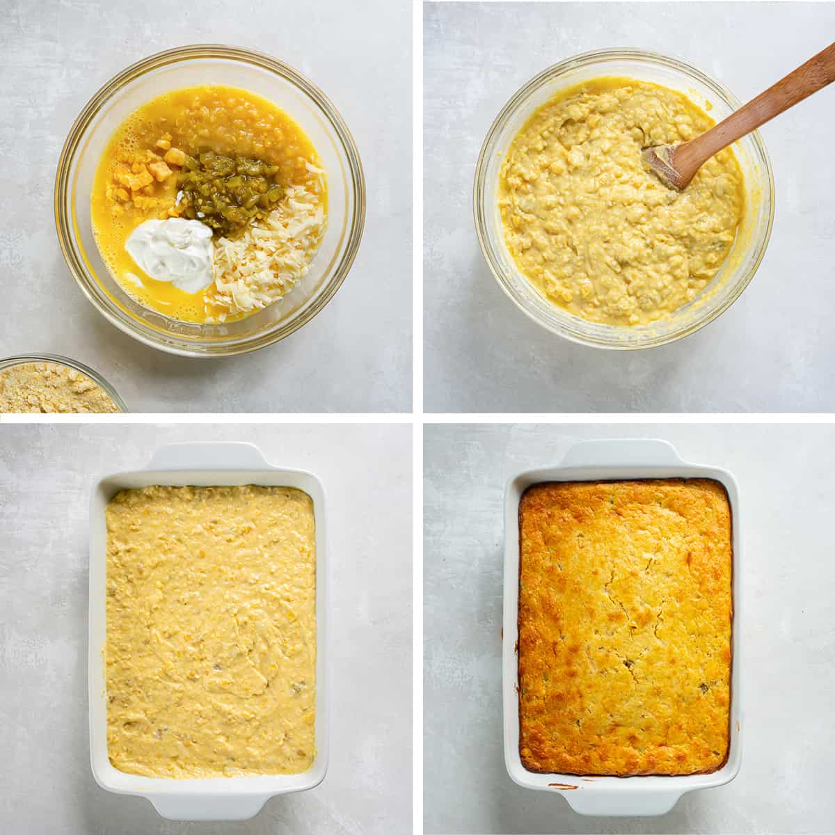 Four images showing a cornbread batter in a mixing bowl and baking dish before and after being baked.