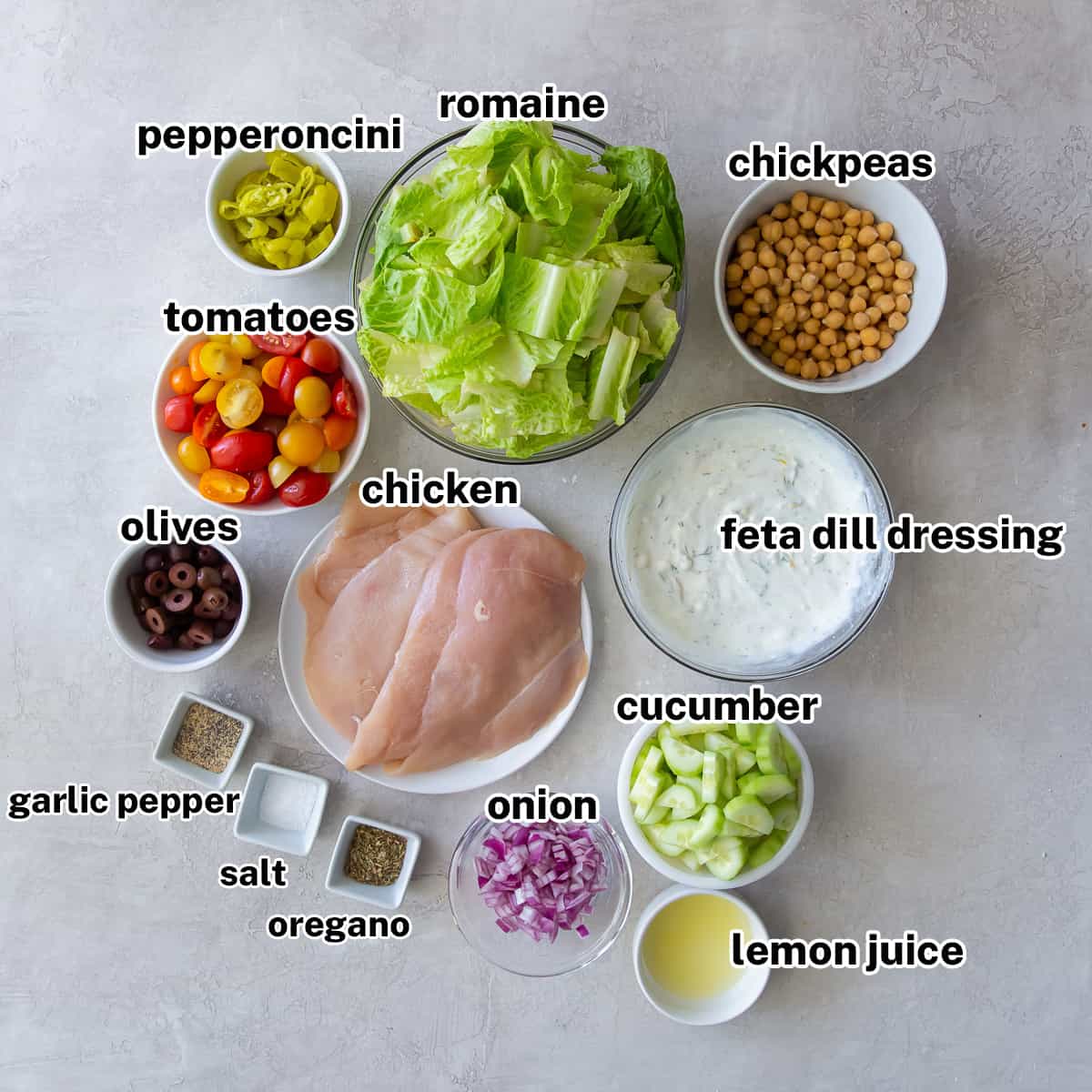 The ingredients for Mediterranean Chicken Salad with text.