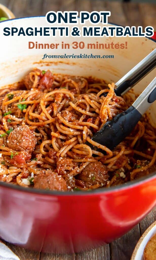 Metal tongs in a pot of spaghetti and meatballs with text.