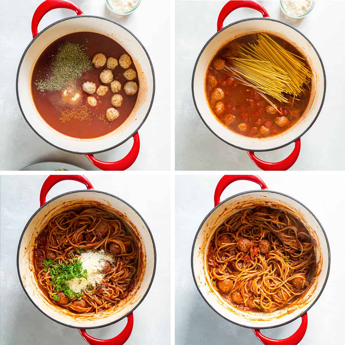 Frozen meatballs and dry spaghetti noodles are added to liquid ingredients in a Dutch oven.