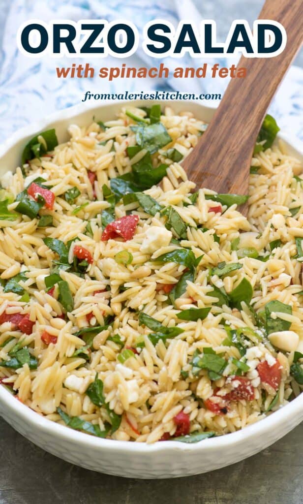 A wooden spoon resting in a bowl of Orzo Salad with text.