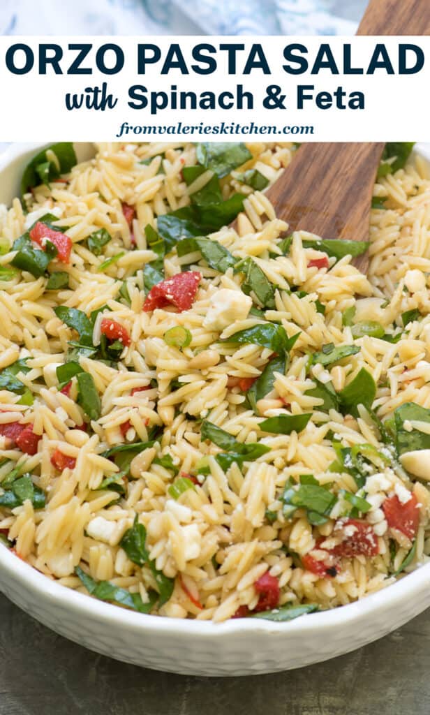 A wooden spoon resting in a bowl of Orzo Salad with text.