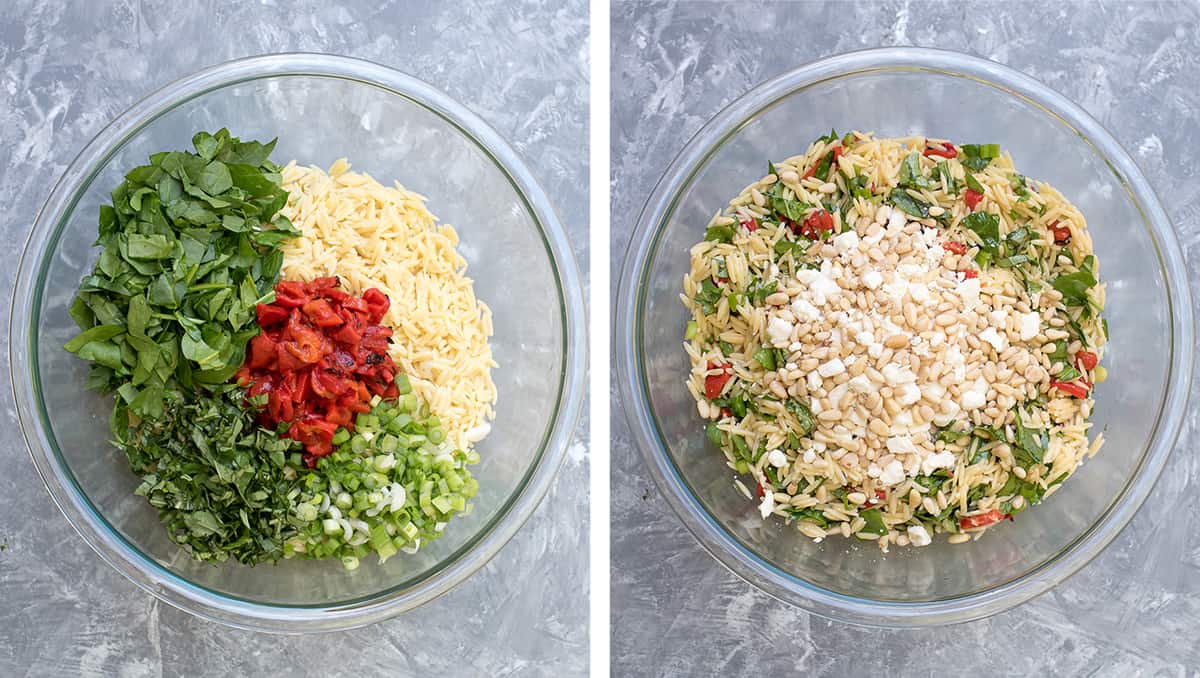 Orzo, spinach, roasted red peppers, feta, and pine nuts in a mixing bowl.