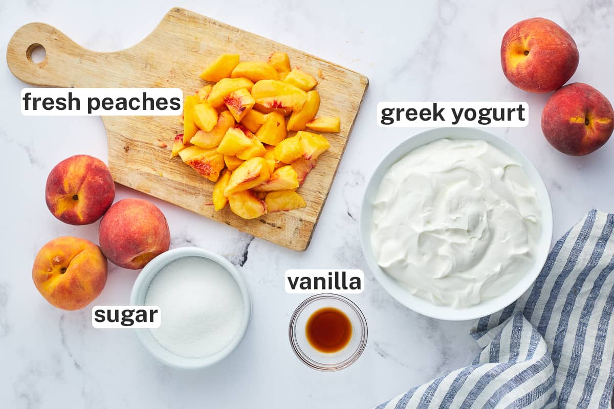 Fresh peaches, Greek yogurt, sugar and vanilla with text.