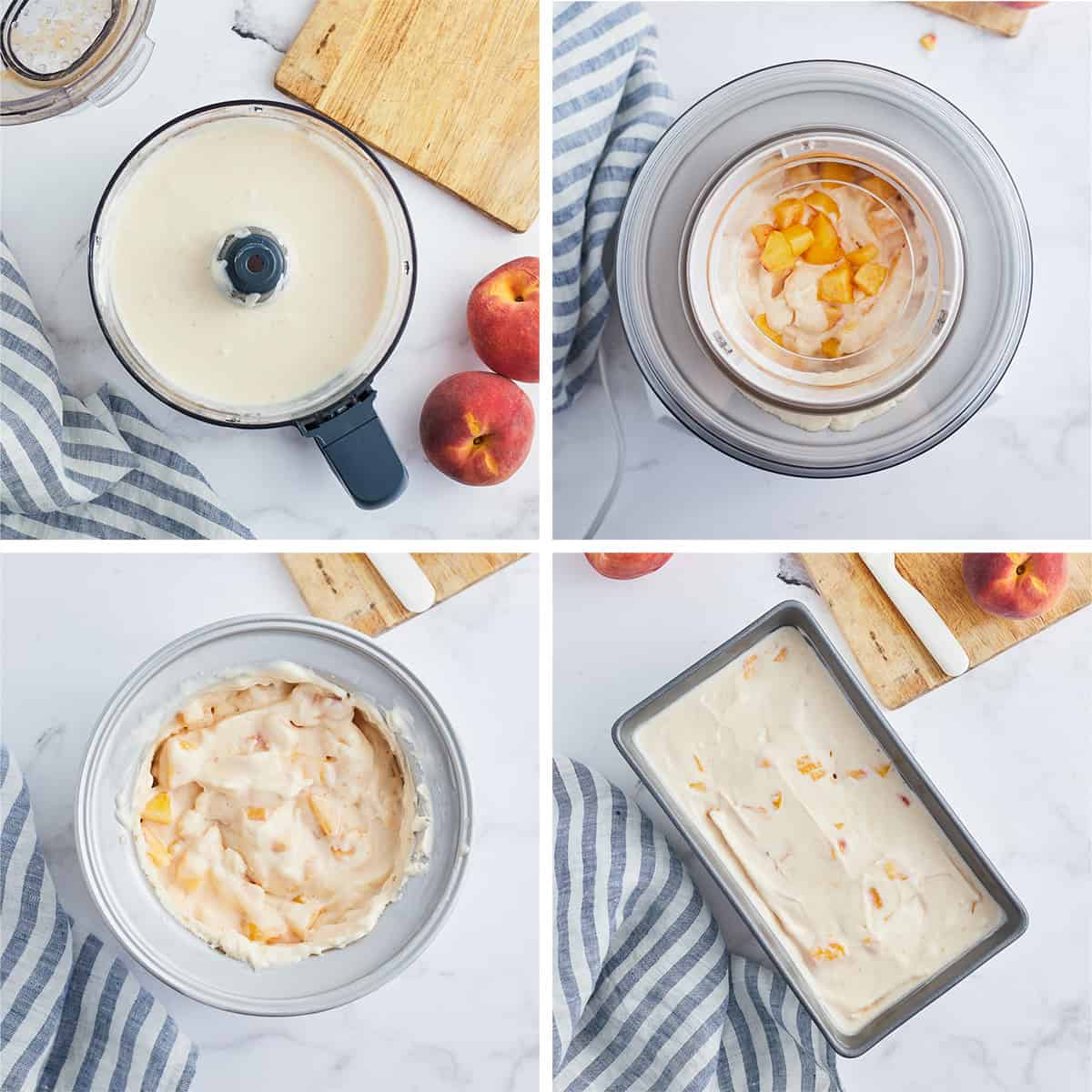 Ingredients for peach yogurt in a food processor bowl, ice cream maker, and metal loaf pan.