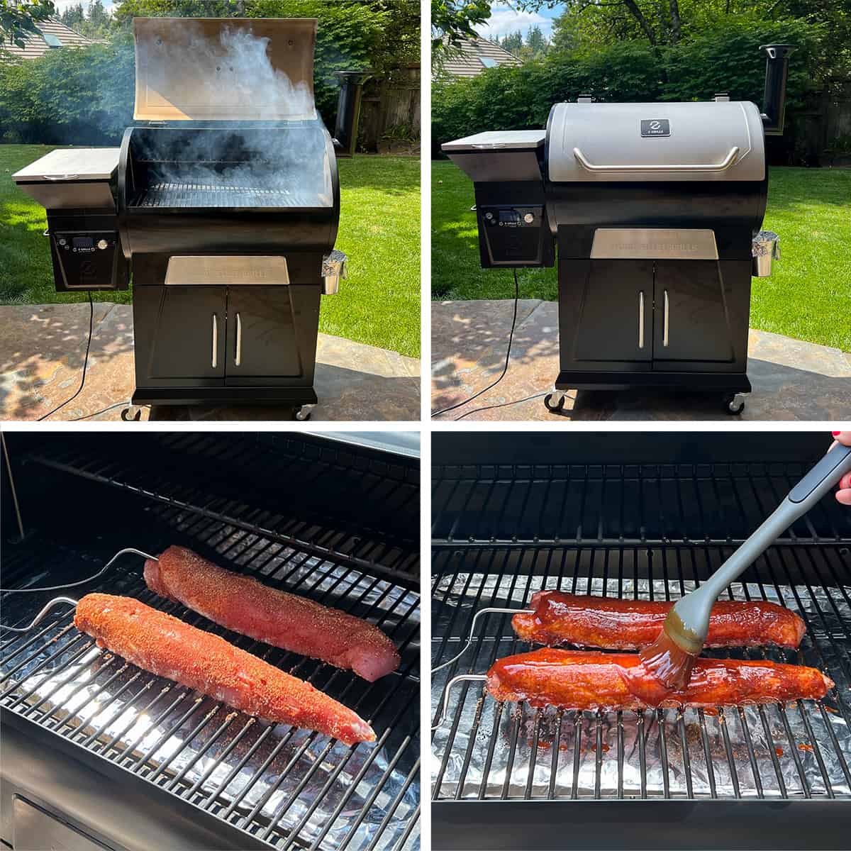 A Z Grills Pellet Grill and Smoker with smoke coming out of it and pork tenderloin on the grill being basted with BBQ sauce.