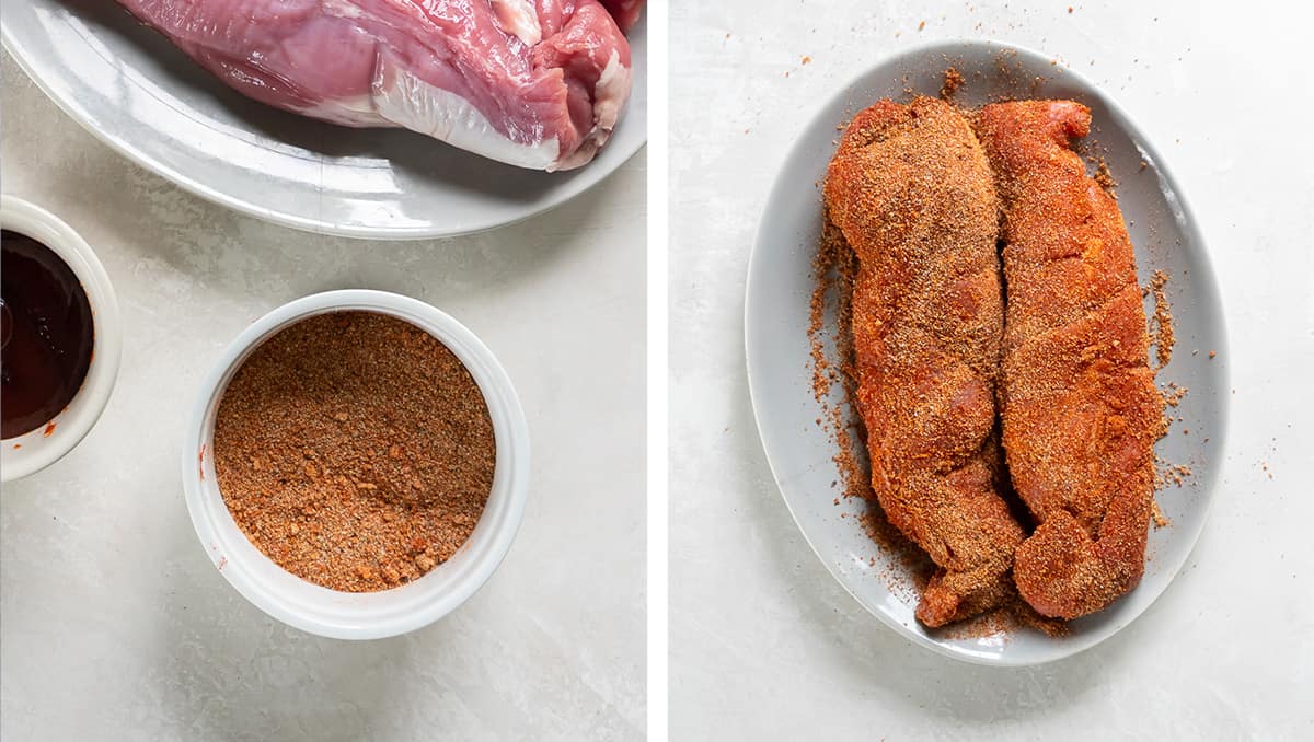 Pork spice rub in a small bowl and two pork tenderloins on a plate coated with the rub.