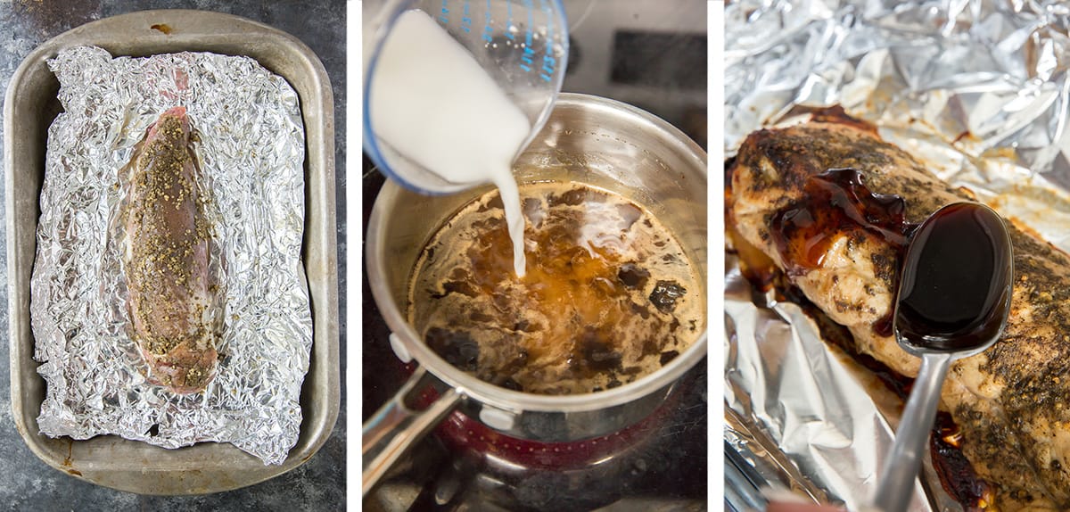 Three images showing a seasoned pork tenderloin in a foil lined baking dish and balsamic glaze in a saucepan and being spooned over a cooked roasted pork tenderloin.