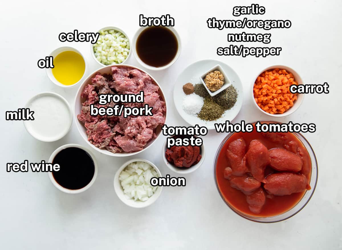 The ingredients for Bolognese sauce on a white background with text.