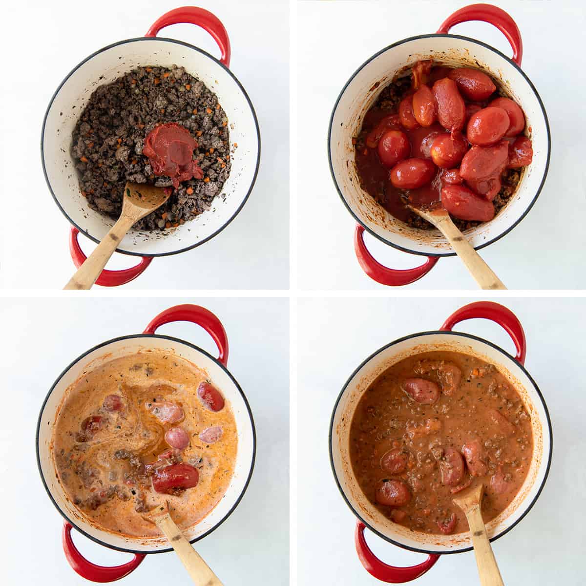 Four images showing tomato paste and whole tomatoes cooking in a meat mixture in a pot then broth and milk are added.