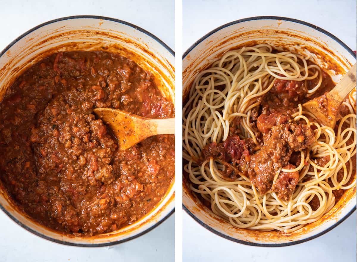 Two images showing Bolognese sauce in a pot with a wooden spoon and then cooked spaghetti is added.