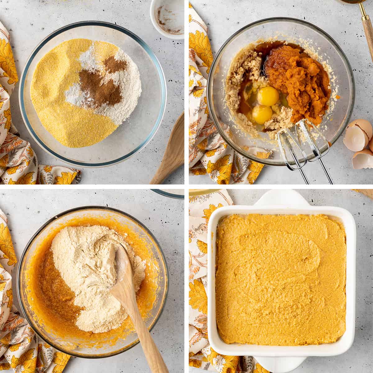 Four images showing dry ingredients and wet ingredients in separate bowls and then combined in one bowl and a baking dish.