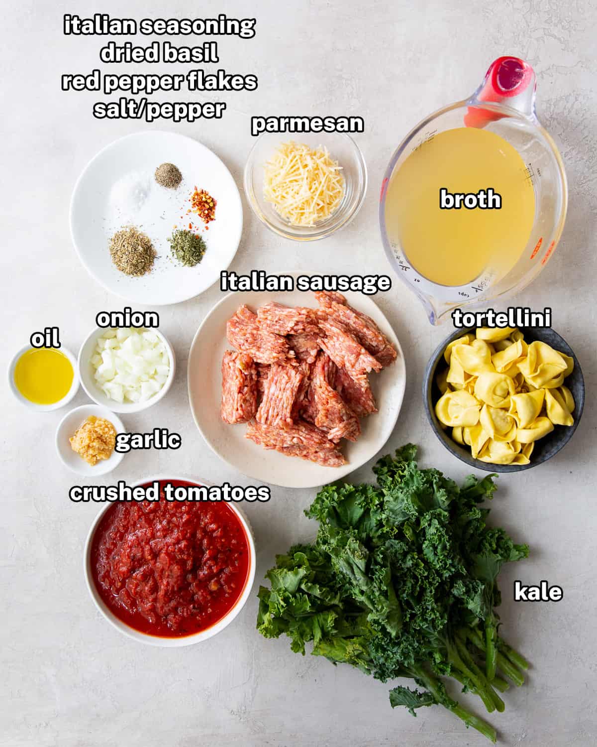 Italian sausage, tortellini and other soup ingredients with text.