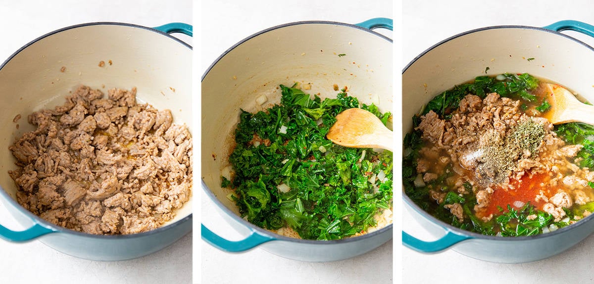 Italian sausage, kale and other ingredients cooking in a Dutch oven.