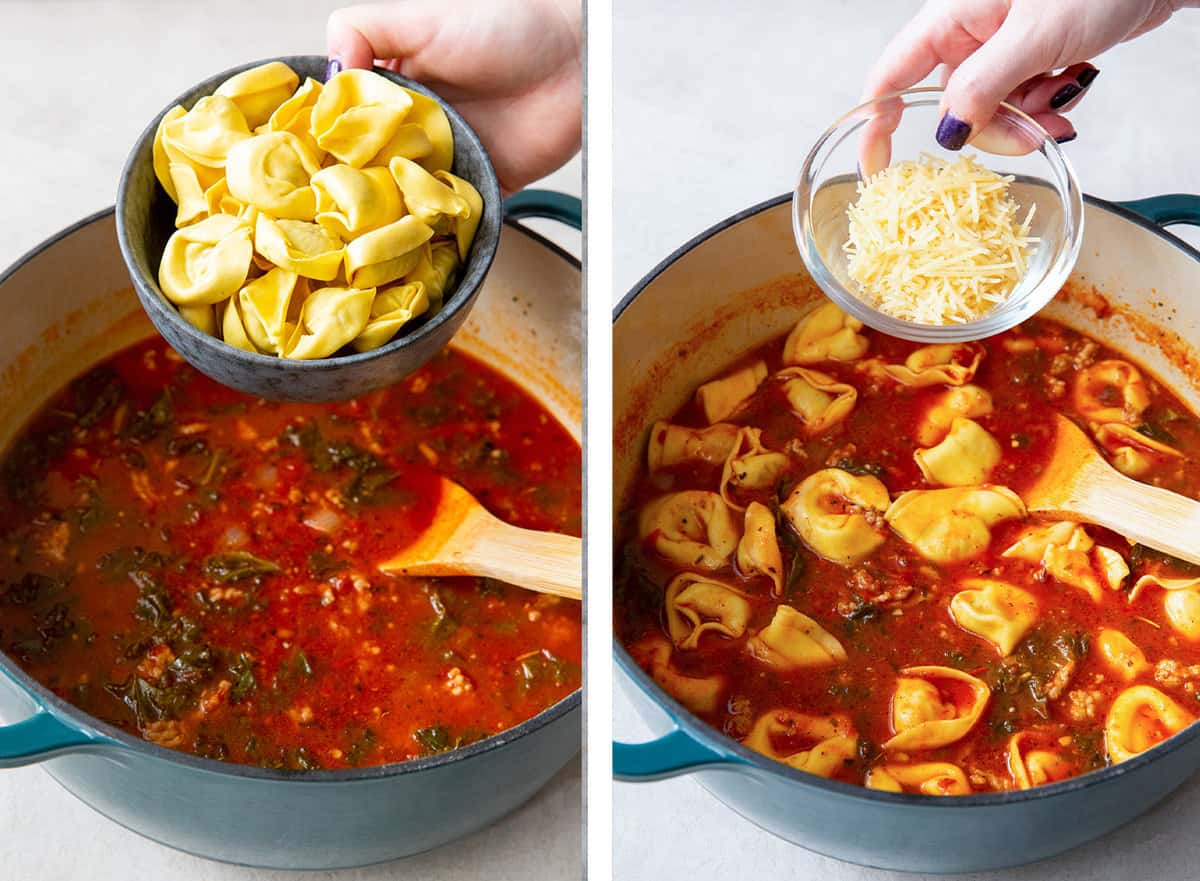 A hand holding a small bowl of tortellini and a small bowl of Parmesan over a pot of soup.