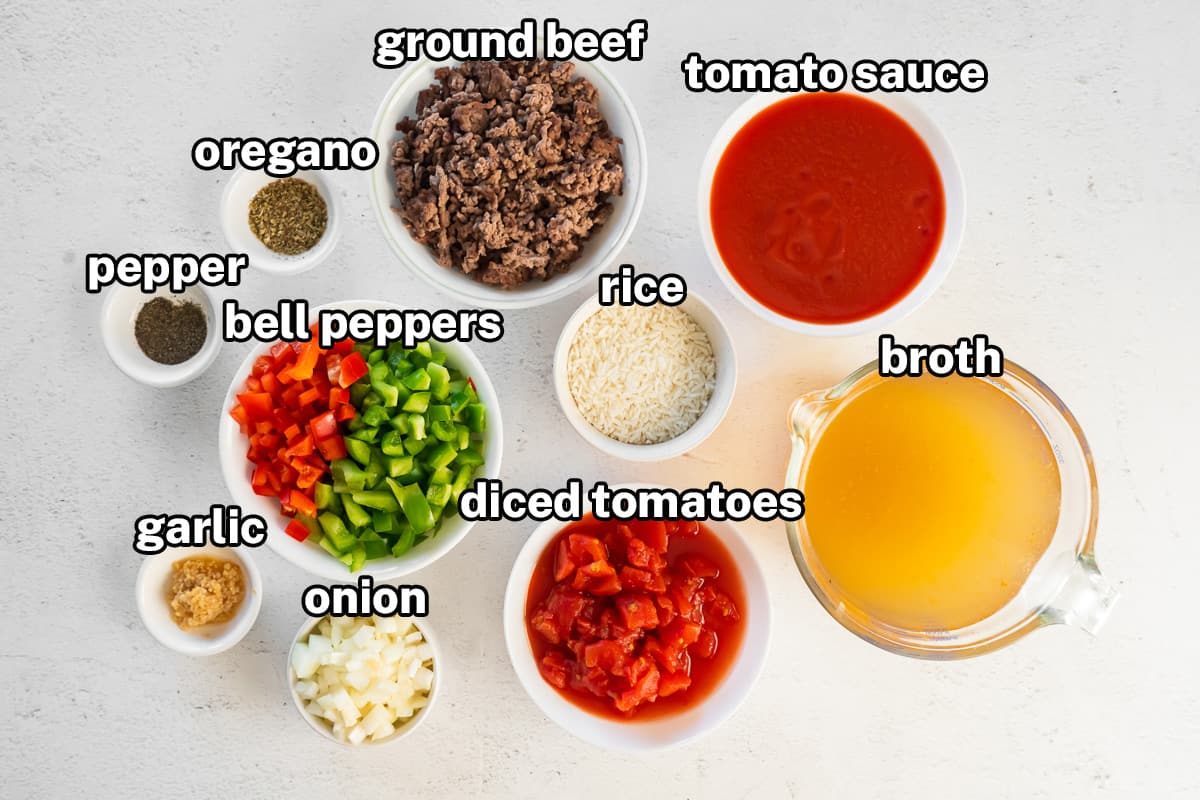 Cooked ground beef, rice, bell peppers and other ingredients in bowls with text.