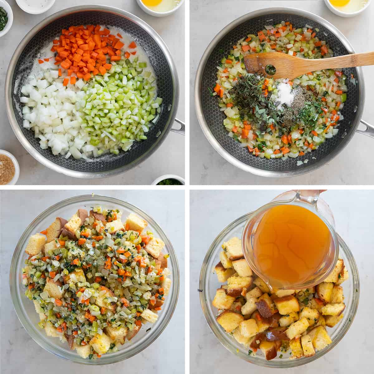 Four images of carrot, onion, and celery cooking in a skillet with herbs then the mixture is added to bread cubes in a bowl with broth.